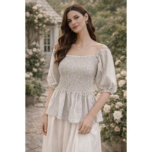 Jennifer Grace Women Gray White Striped Smocked Peplum Puff Sleeve Top Large